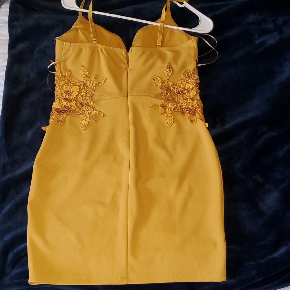 Haute Monde Tan Midi Dress with Gold Floral Accents